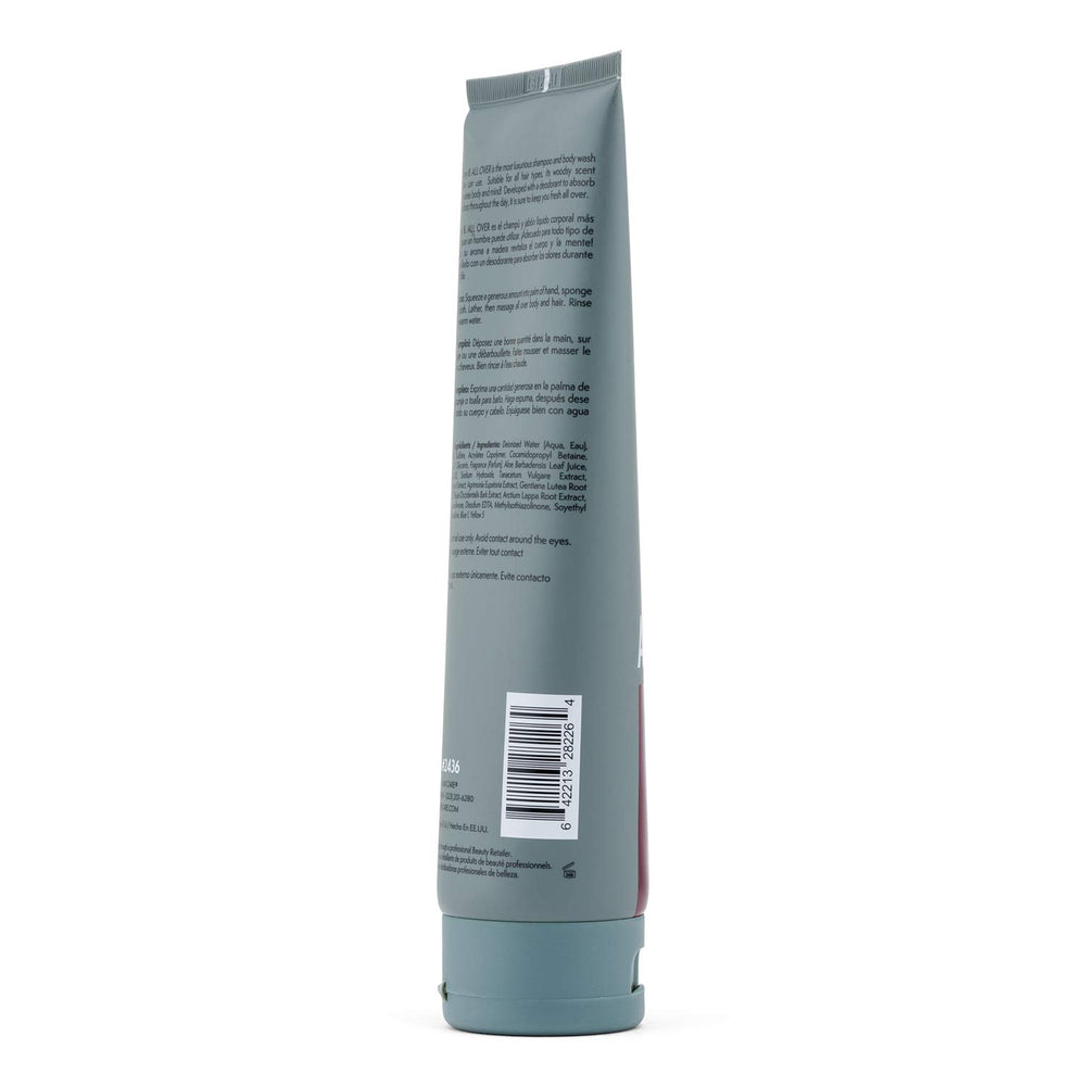 Johnny B All Over Shampoo bottle pour demonstrates deodorizing wash for hair and body.