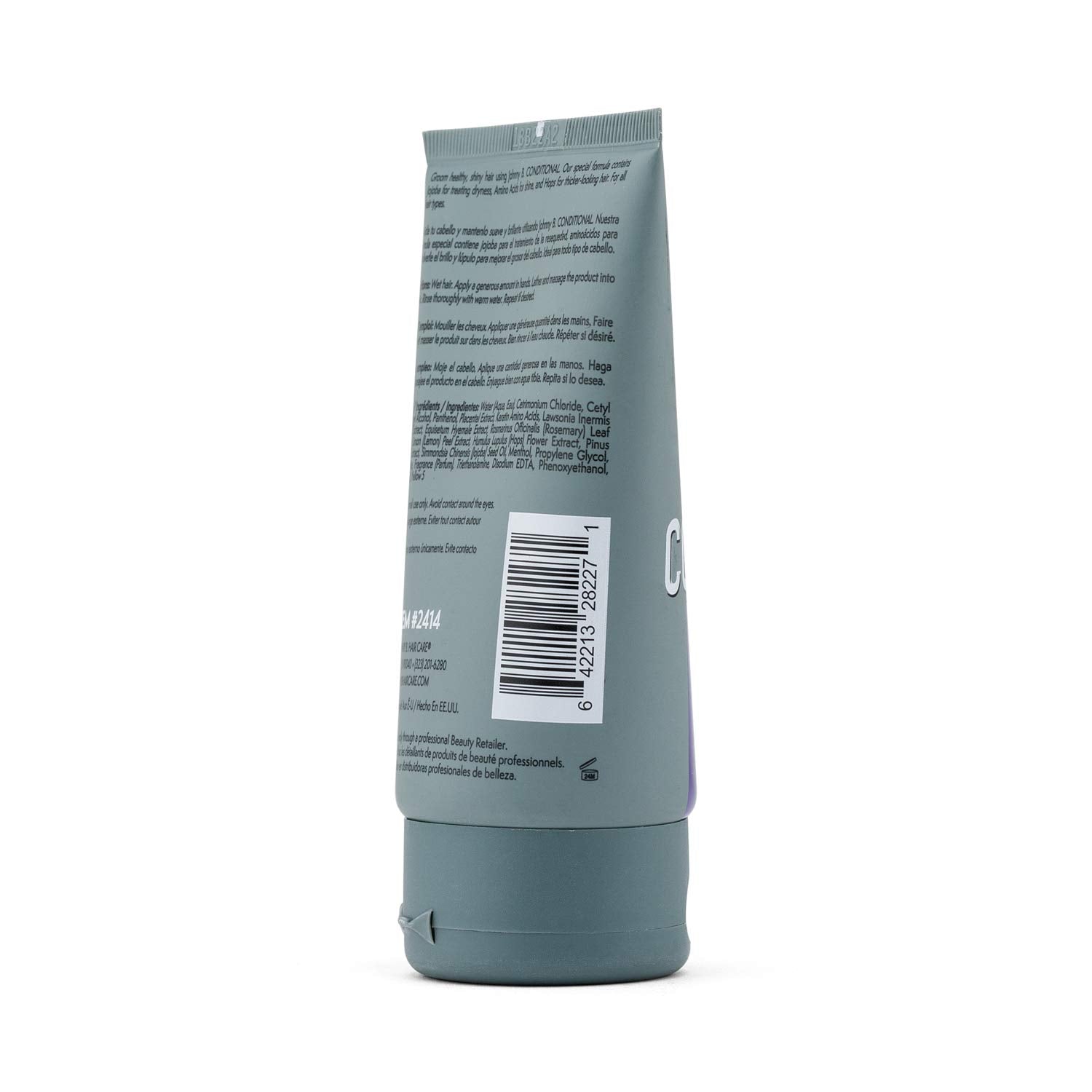 JOHNNY B. Conditional Conditioner bottle dispensing highlights shine and dryness relief.