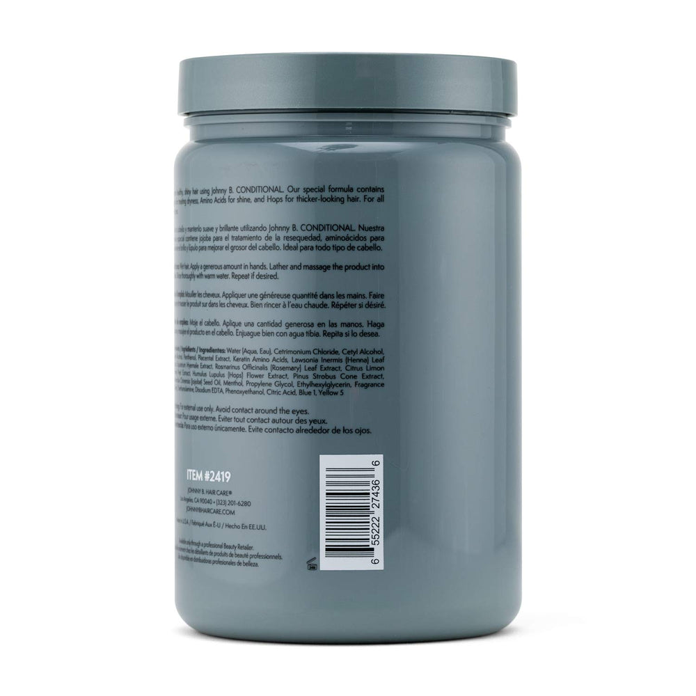 JOHNNY B. Conditional Conditioner bottle applied to wet hair for smoother texture