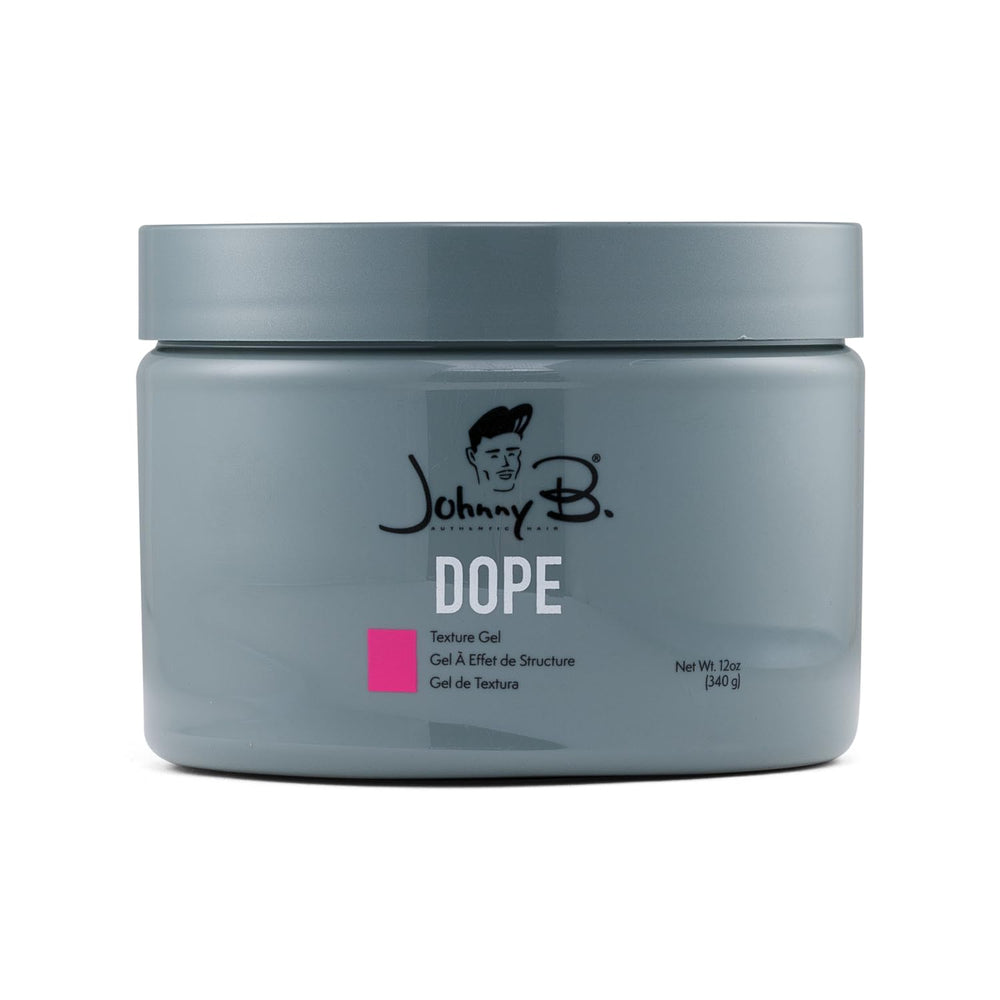 JOHNNY B. Dope texture gel jar showing flexible hold without crunch.