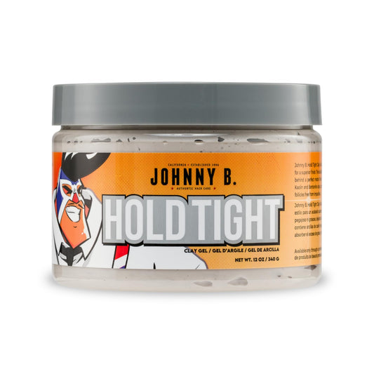 Johnny B. Hold Tight clay gel jar demonstrates pliable hold for all hair types.