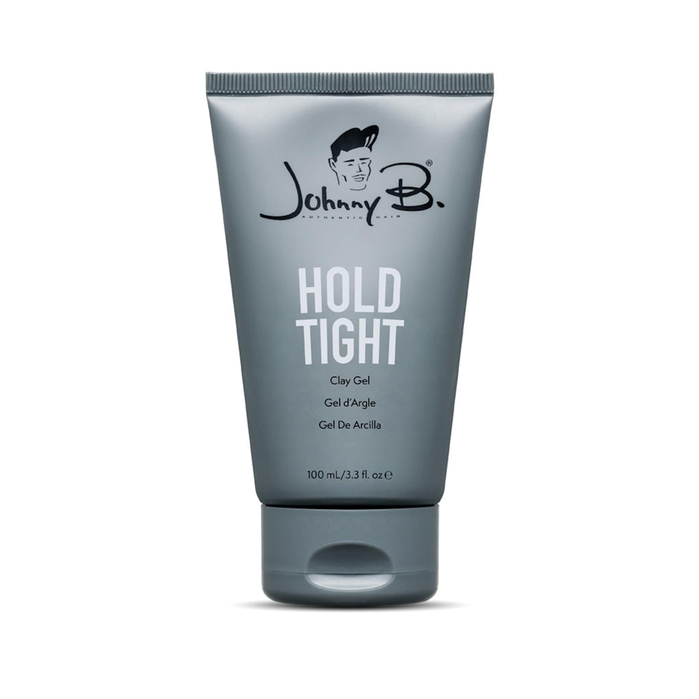 Johnny B Hold Tight clay gel bottle showing flexible, reworkable hold for daily styling