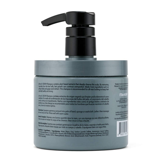 Johnny B. Professional Grow Hair Shampoo label detail highlights premium plant-based formula for scalp care.