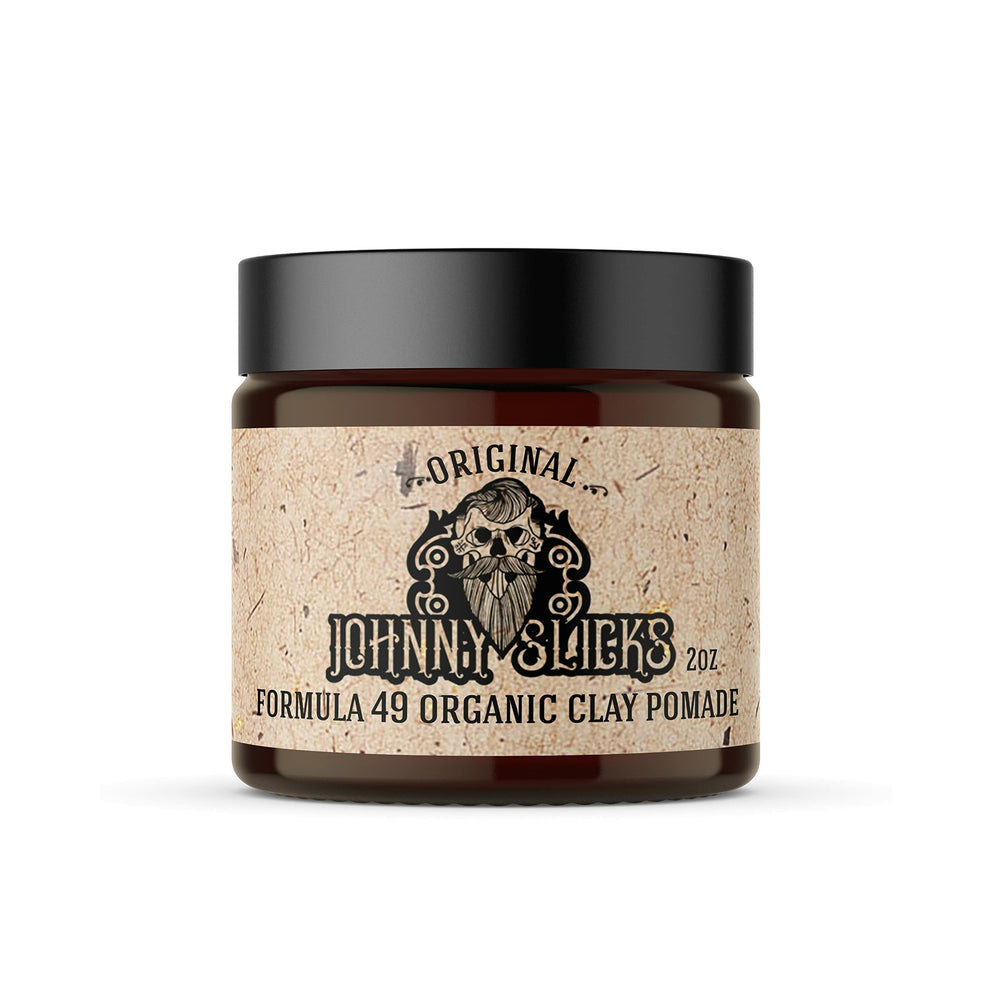 Johnny Slicks Formula 49 clay bottle front shows firm hold and matte finish.