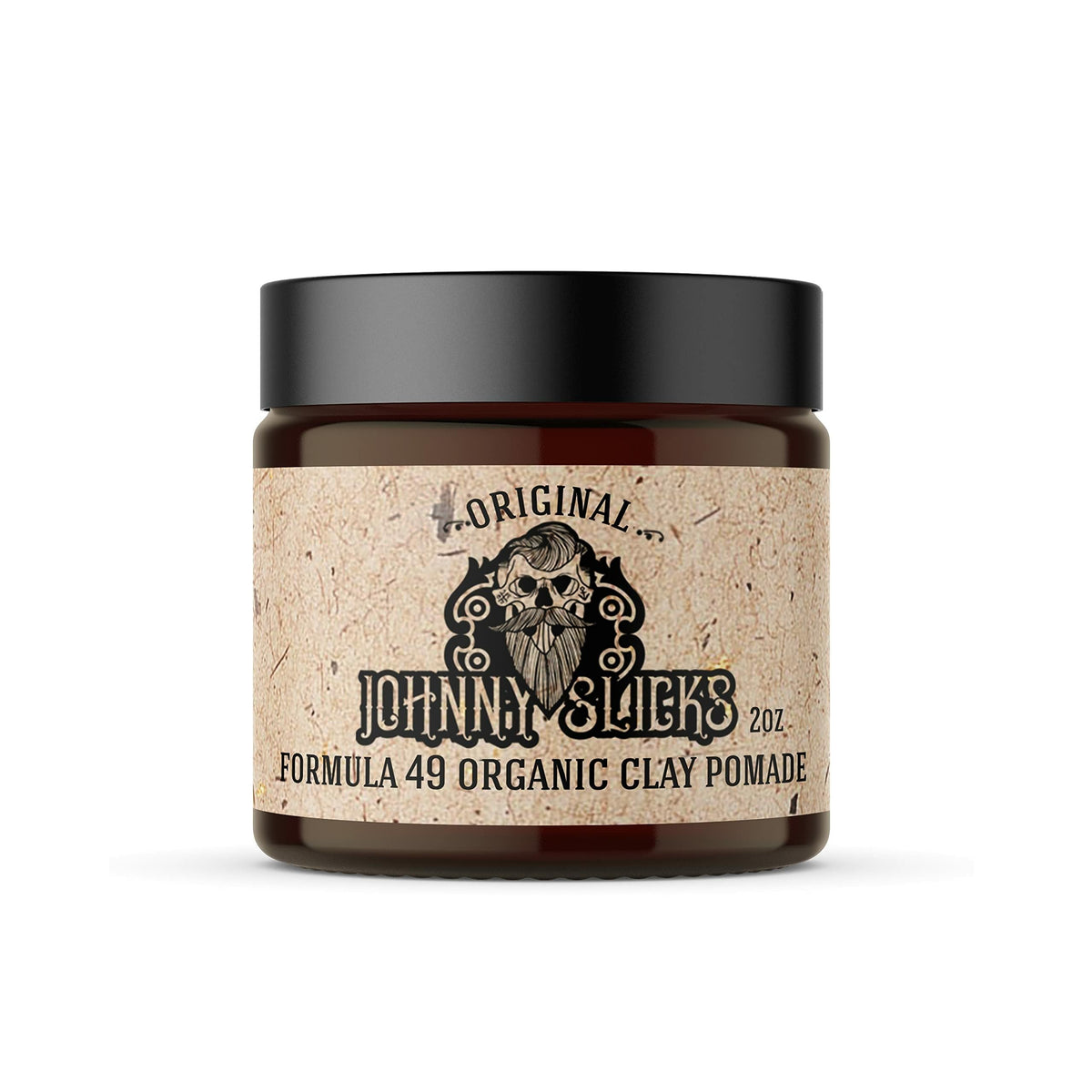 Johnny Slicks Formula 49 clay bottle front shows firm hold and matte finish.