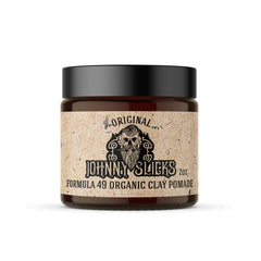 Johnny Slicks Formula 49 clay bottle front shows firm hold and matte finish.