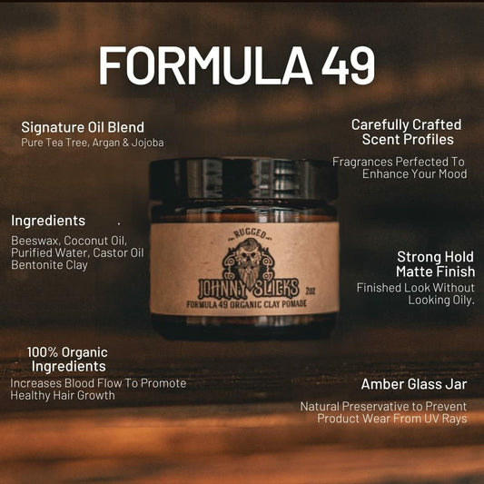 Johnny Slicks Formula 49 clay hair hold showcases a strong hold without shine.