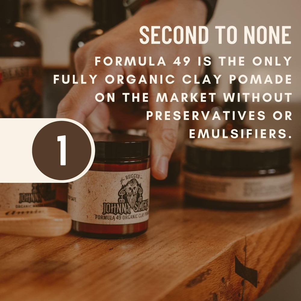 Johnny Slicks Formula 49 clay ingredients list emphasizes natural waxes and oils.