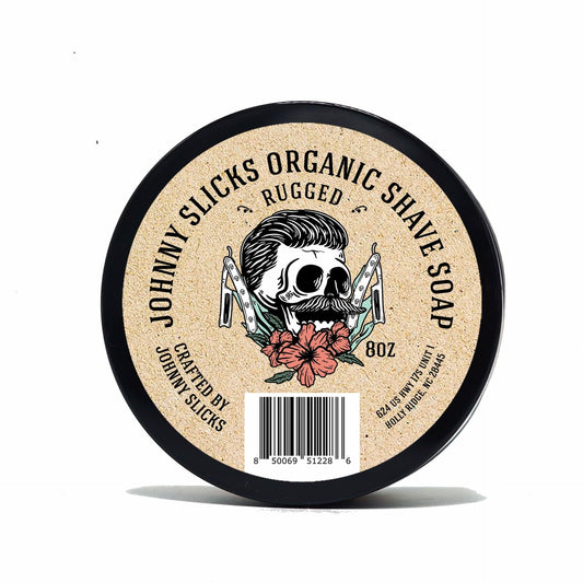 Johnny Slicks Organic Shave Soap in a tin creates a rich lather for a smooth shave.