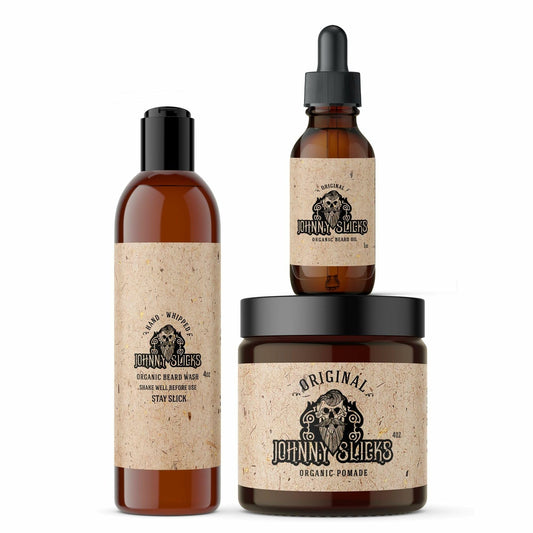 Johnny Slicks thinning hair kit beard wash close-up showing organic cleanse for beard and scalp