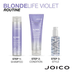 Joico Blonde Life duo on bathroom shelf, organized