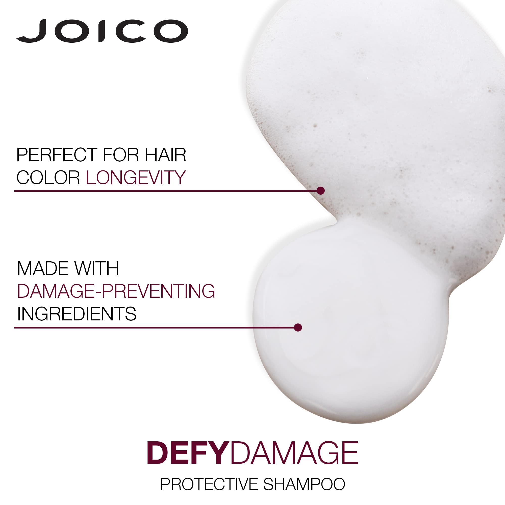 Joico Defy Damage bottle with glossy label highlight bond-strengthening benefits.