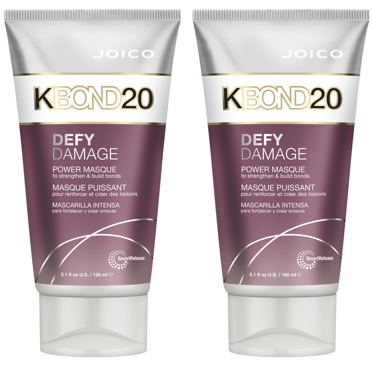Joico Defy Damage KBOND20 Power Masque bottle shows color-safe hydration and bond rebuilding.