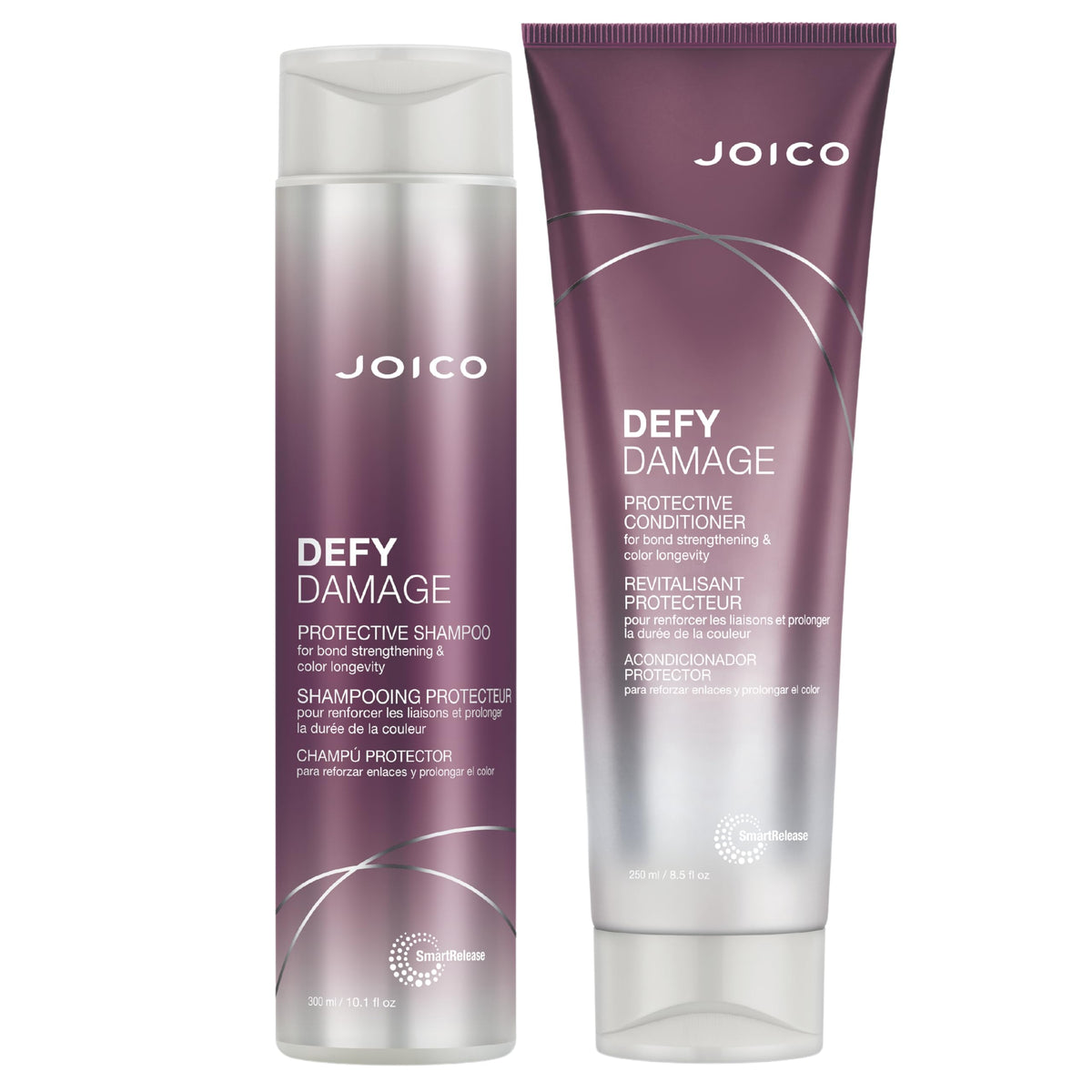 Joico Defy Damage shampoo bottle pours for color protection.