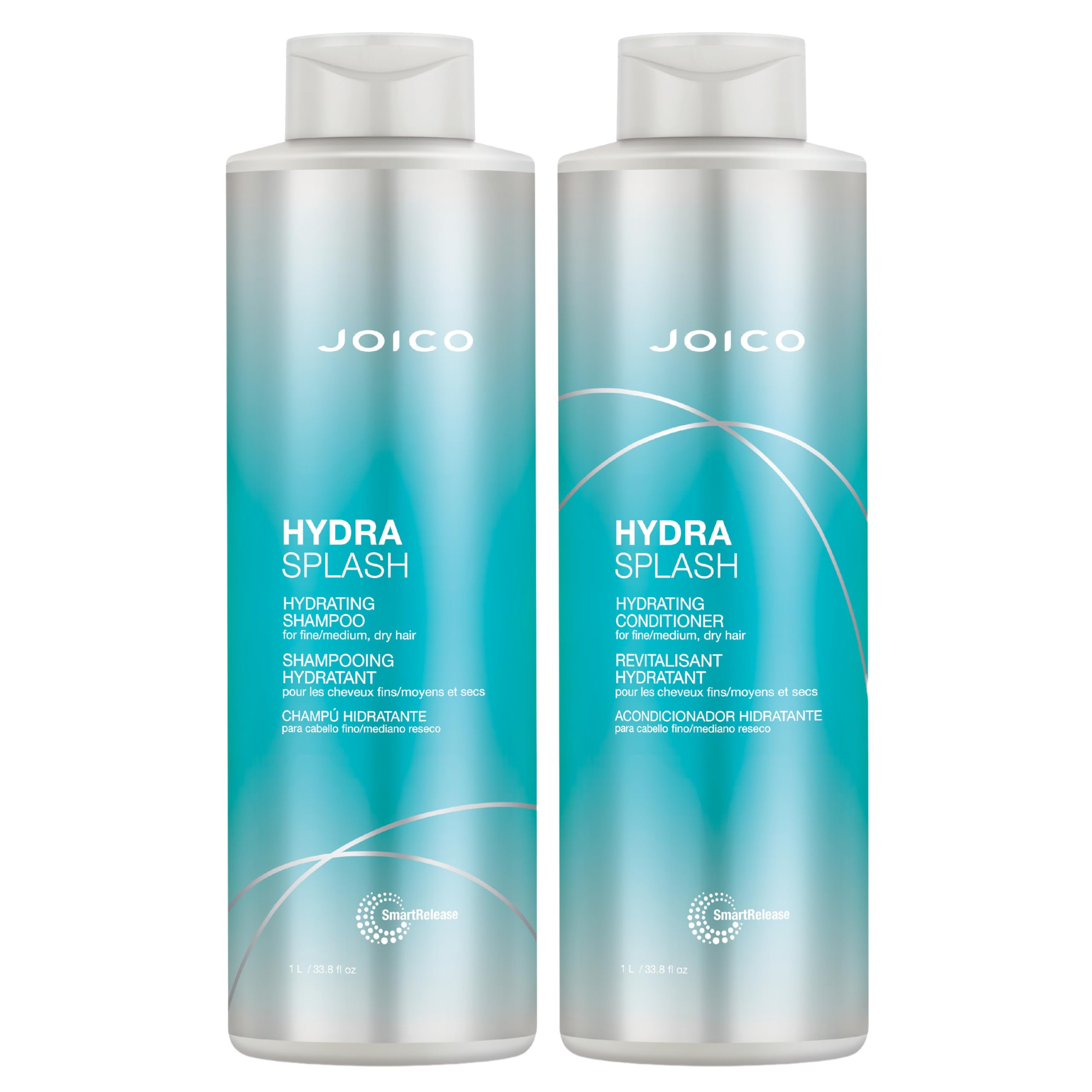 Joico HydraSplash shampoo bottle showing lightweight formula for fine hair that hydrates without weighing down.