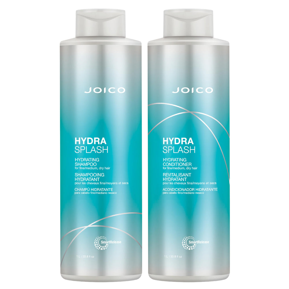 Joico HydraSplash shampoo bottle showing lightweight formula for fine hair that hydrates without weighing down.