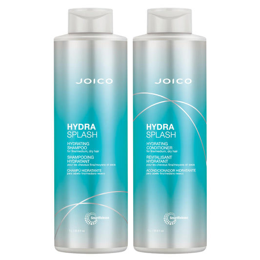 Joico HydraSplash shampoo bottle showing lightweight formula for fine hair that hydrates without weighing down.