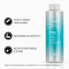Closeup of HydraSplash shampoo label emphasizing hydrating benefits for hair.