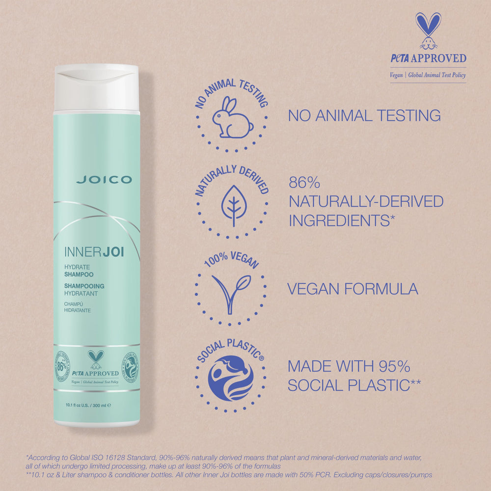 Vegan formula label on Joico InnerJoi Hydration bottle