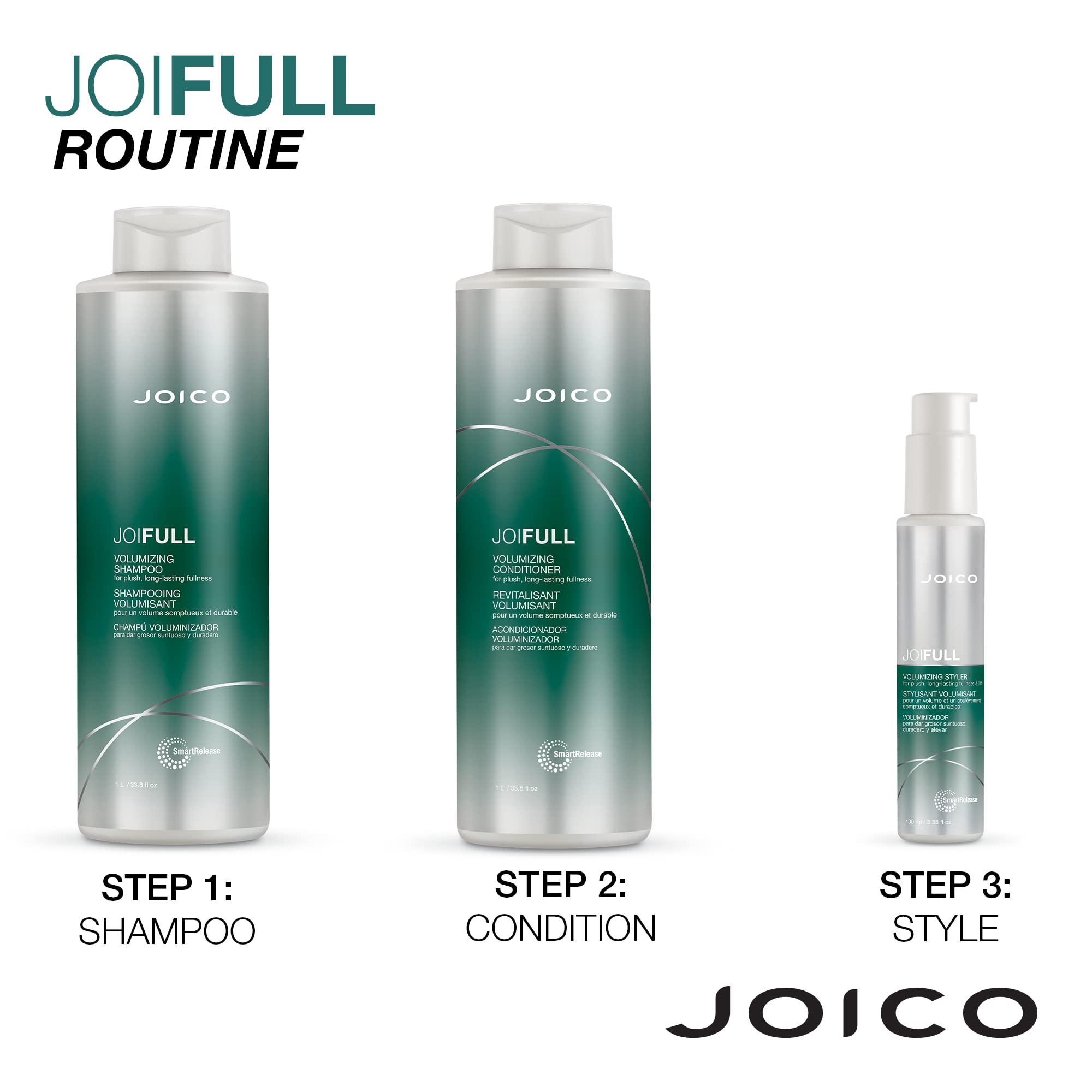 Bathroom setup featuring JoiFULL set and styling products for fuller hair.