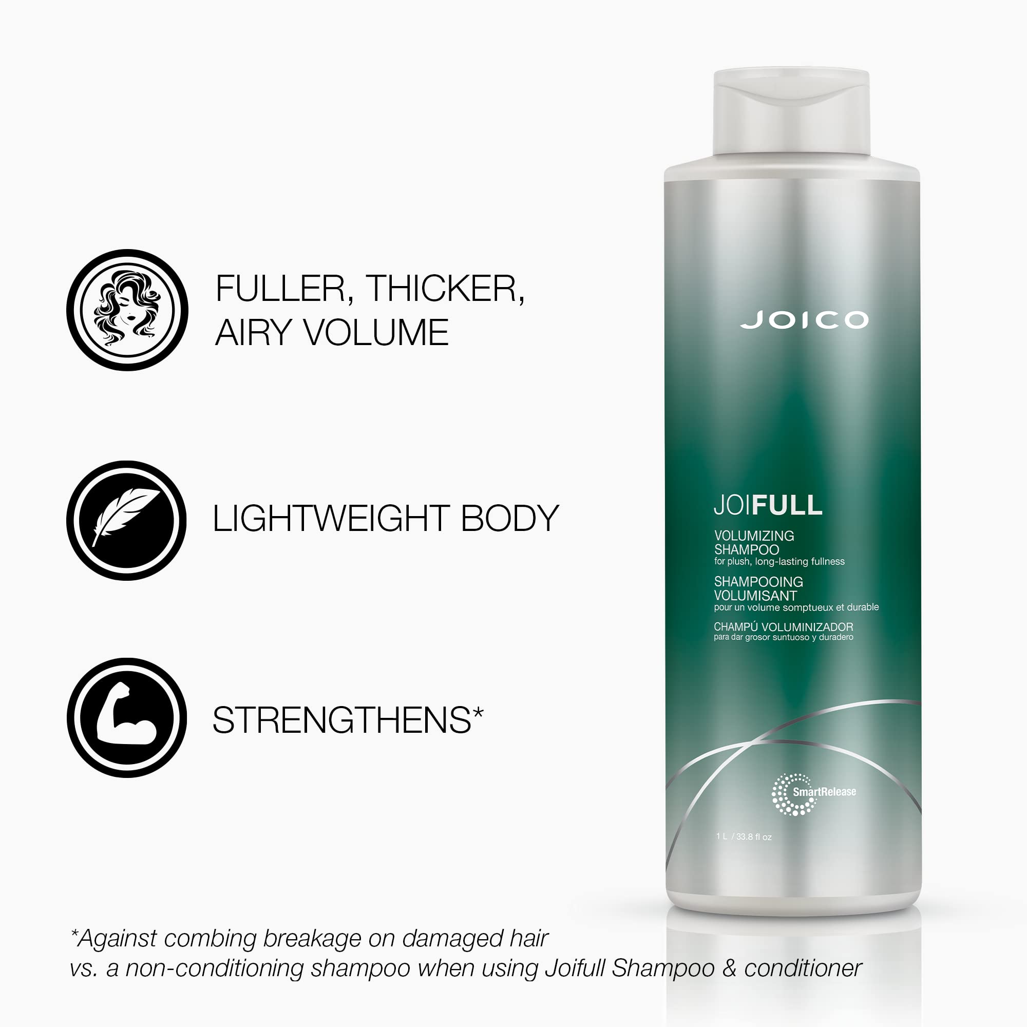 Joico JoiFULL conditioner bottle close-up highlighting detangling and nourishment.
