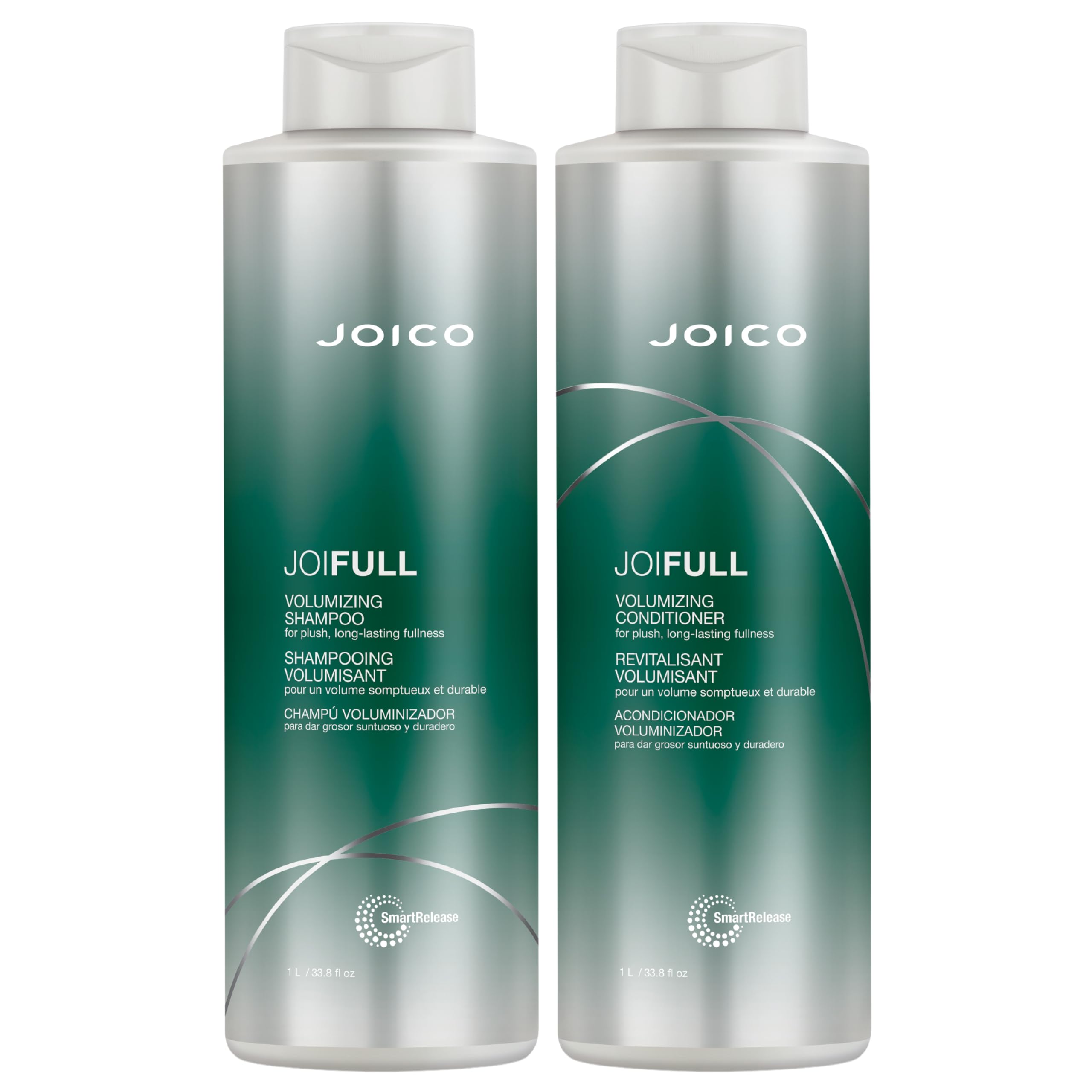 Joico JoiFULL shampoo bottle on shelf shows lightweight lift for fine hair.