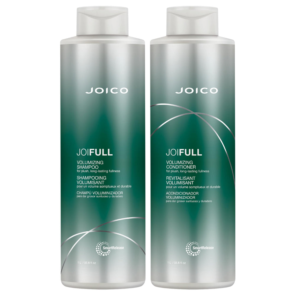 Joico JoiFULL shampoo bottle on shelf shows lightweight lift for fine hair.