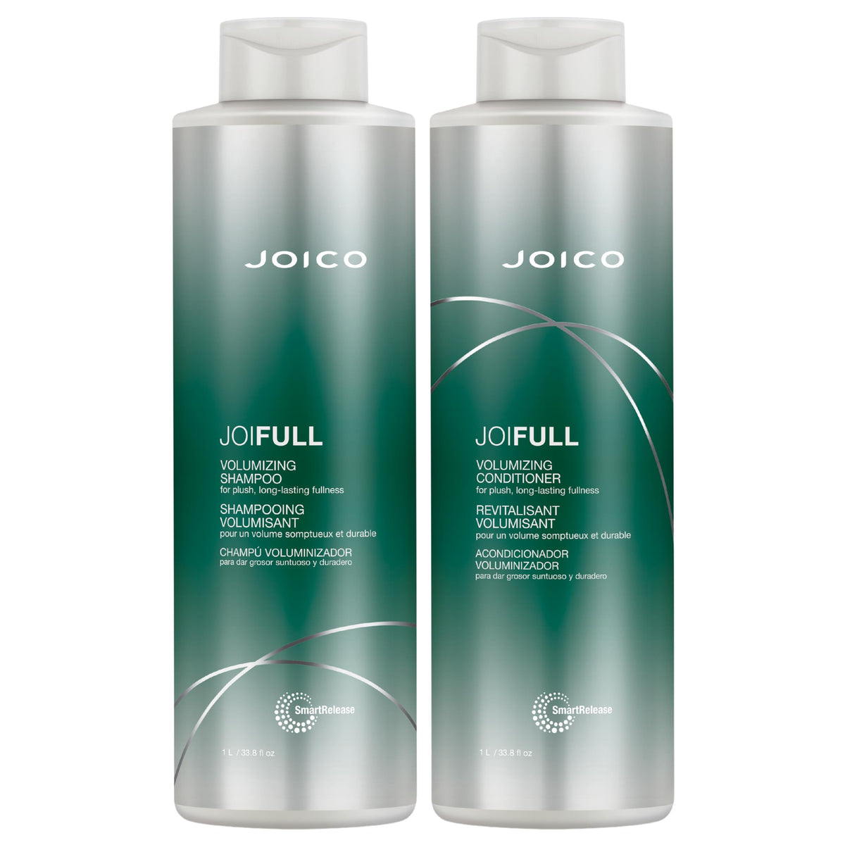 Joico JoiFULL shampoo bottle on shelf shows lightweight lift for fine hair.