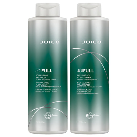 Joico JoiFULL shampoo bottle on shelf shows lightweight lift for fine hair.