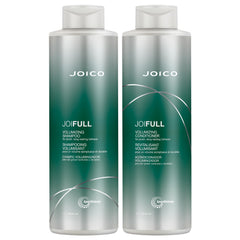Joico JoiFULL shampoo bottle on shelf shows lightweight lift for fine hair.