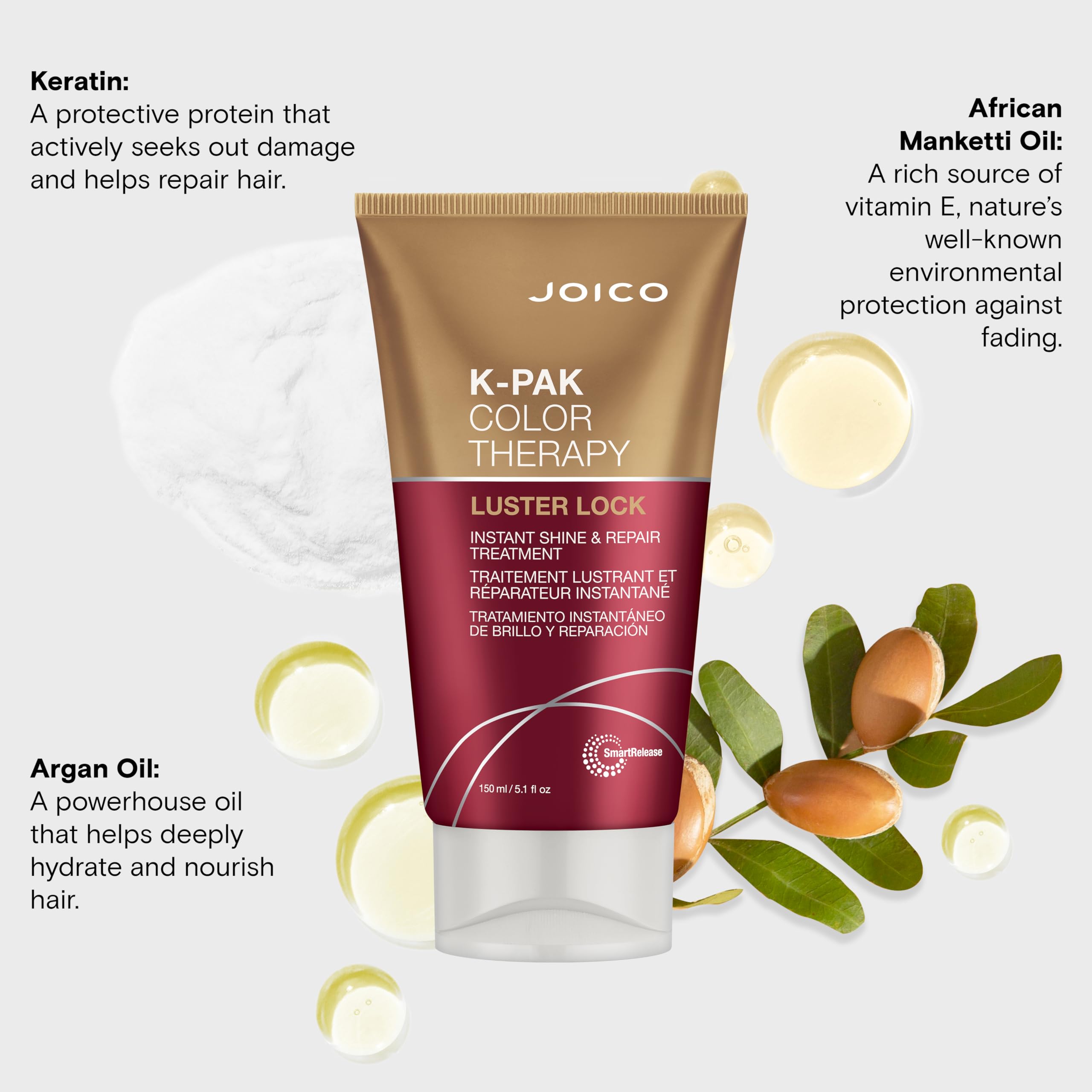 Joico K-PAK Color Therapy Luster Lock argan oil glow nourishes strands.