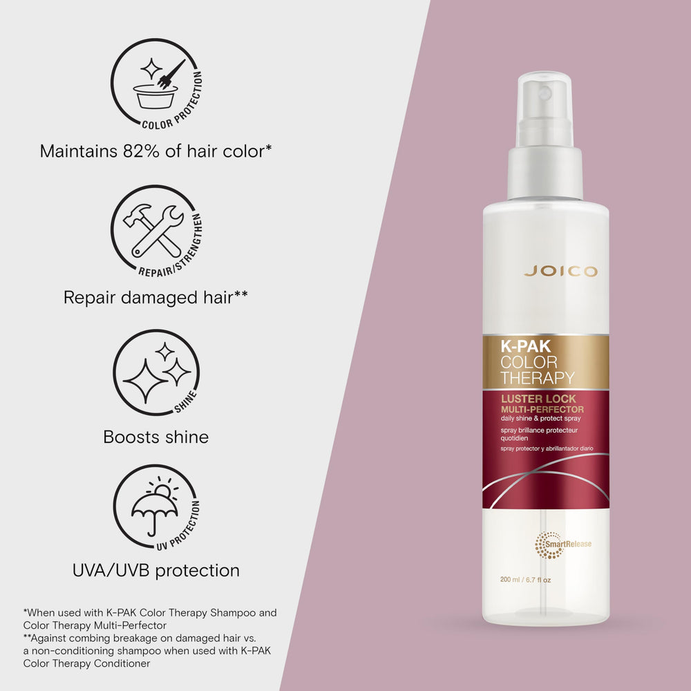 Joico K-PAK Color Therapy Luster Lock spray application on hair demonstrating detangling and frizz control.