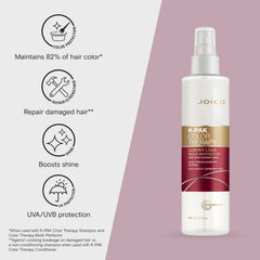 Joico K-PAK Color Therapy Luster Lock spray application on hair demonstrating detangling and frizz control.