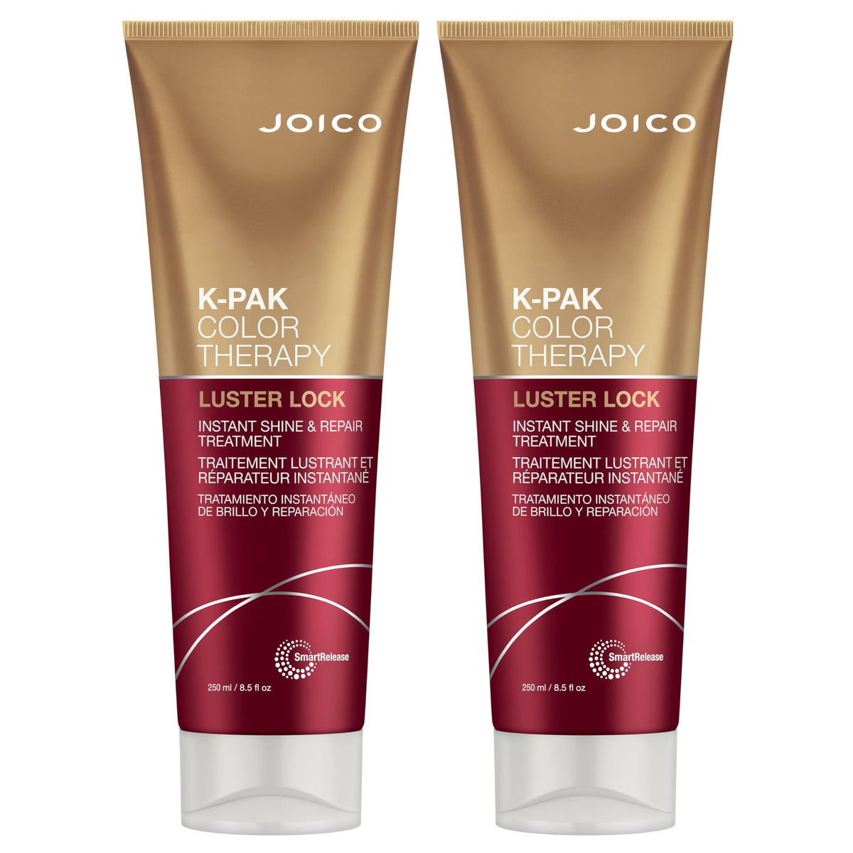 Joico K-PAK Luster Lock bottles shown in a two-pack for color-treated hair shine.
