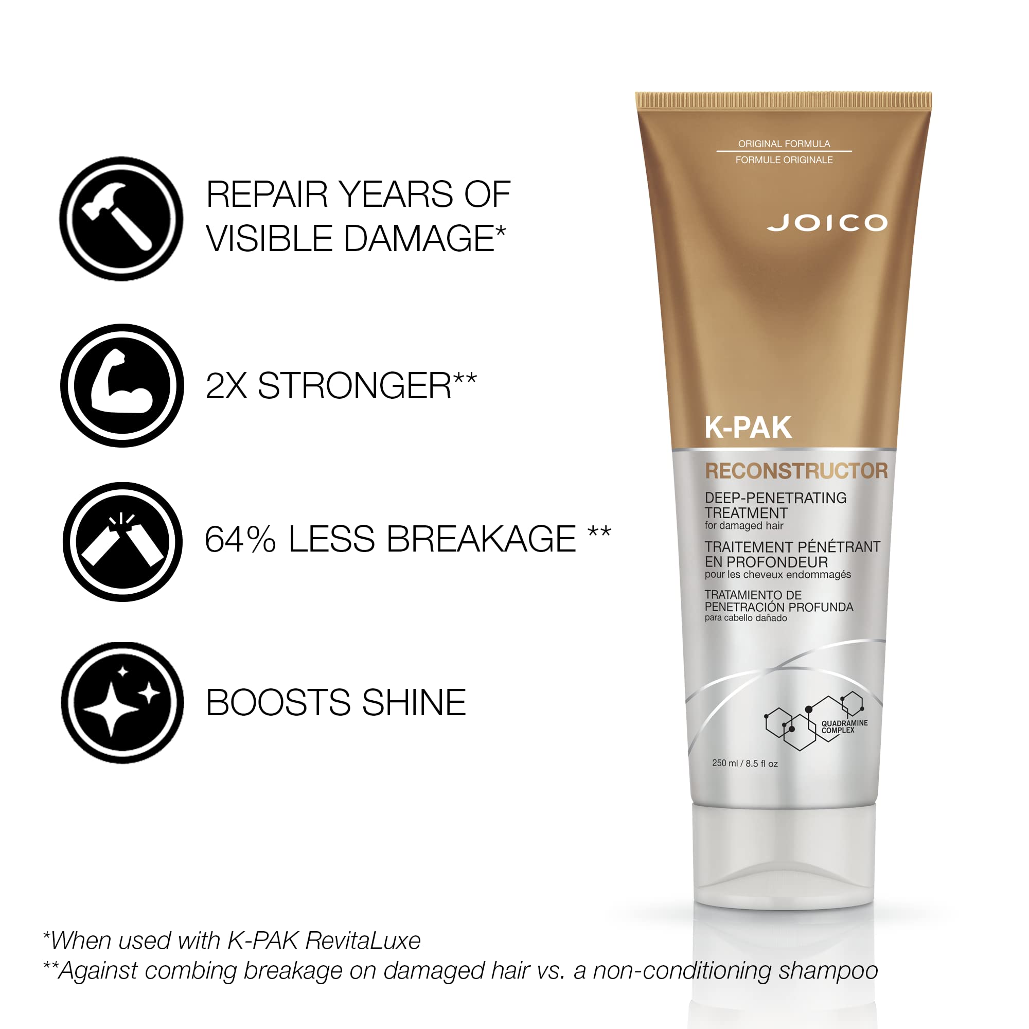 Joico K-PAK Reconstructor bottle back with usage notes.