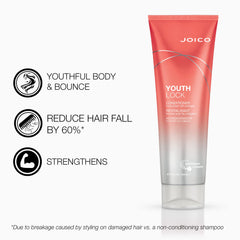 Joico YouthLock conditioner label close-up noting color-safe, gentle cleansing ingredients.
