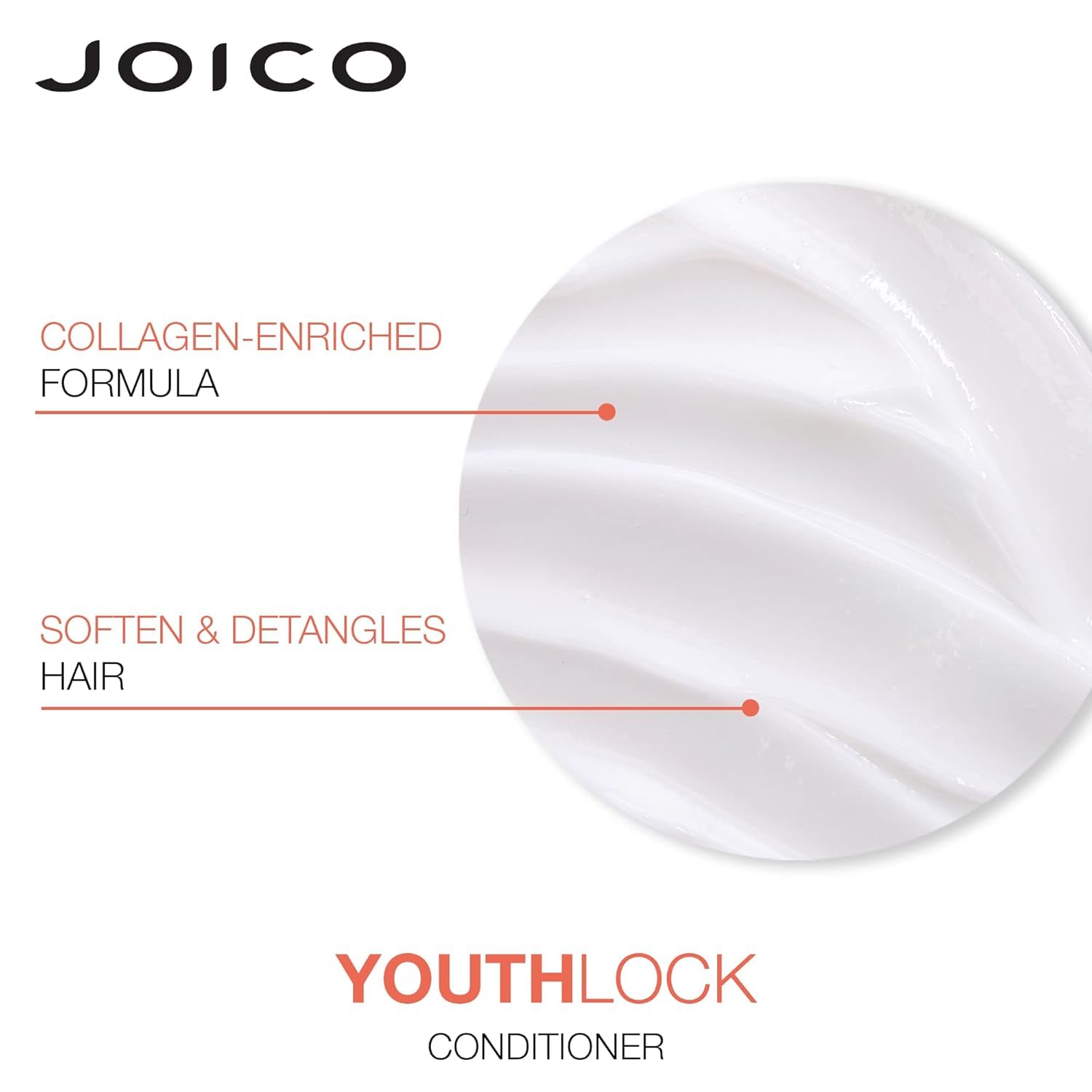 Joico YouthLock conditioner smooth closeup shows frizz reduction potential.
