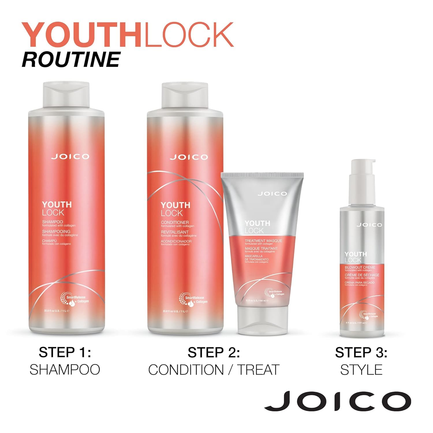 Joico YouthLock product shot styled scene evokes youthful bounce.