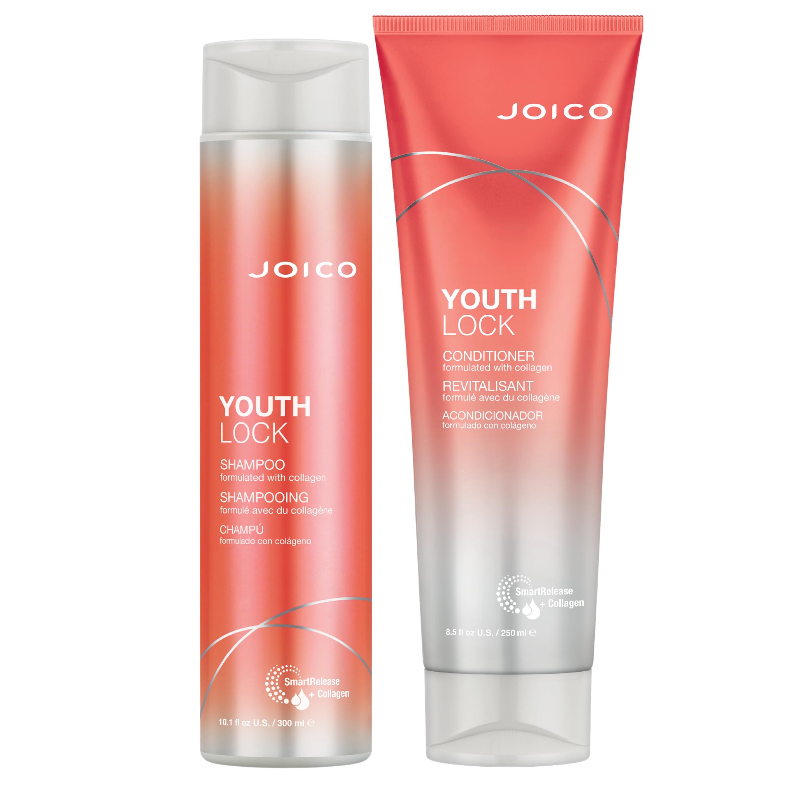 Joico YouthLock shampoo bottle highlights collagen-infused formula for gentle daily cleansing.