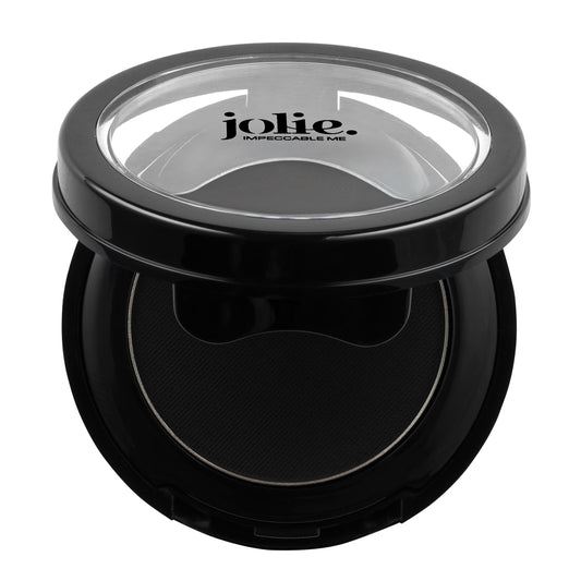 JOLIE cake eyeliner in black applied on eye shows smudge-resistant, all-day wear.