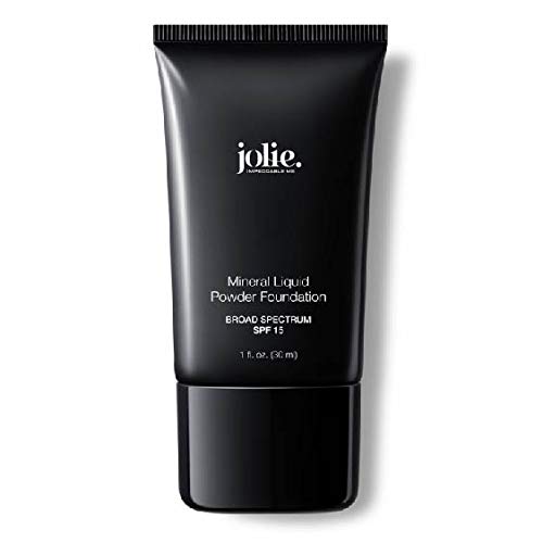 JOLIE Liquid Powder Foundation bottle shows velvety, oil-free finish with SPF 15