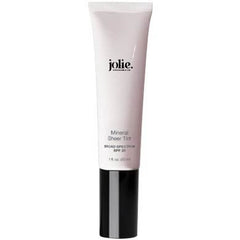 JOLIE Mineral Sheer Tint SPF 20 bottle application shows light hydration and coverage.