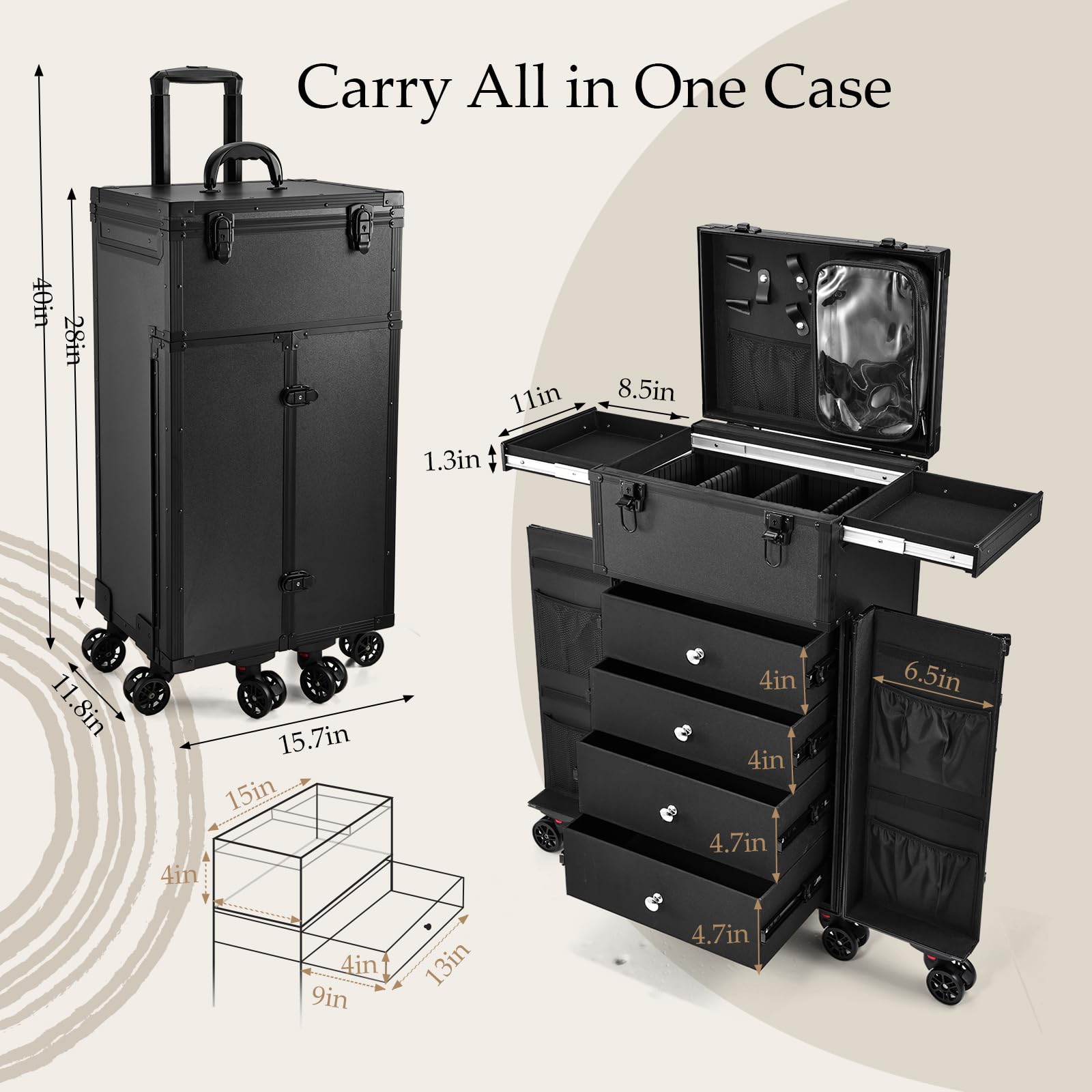 Joligrace makeup travel case with six wheels and brakes for easy mobility and stability.