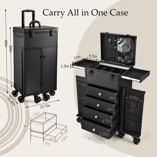 Joligrace makeup travel case with six wheels and brakes for easy mobility and stability.