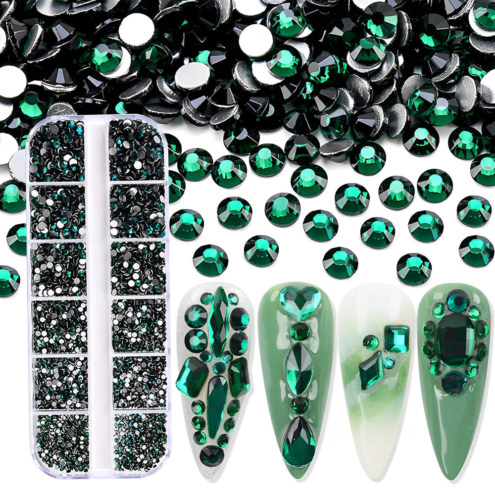 Jollin flatback rhinestones for nail art in a dark green box, ideal for precise nail embellishments.