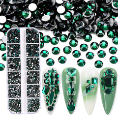 Jollin flatback rhinestones for nail art in a dark green box, ideal for precise nail embellishments.