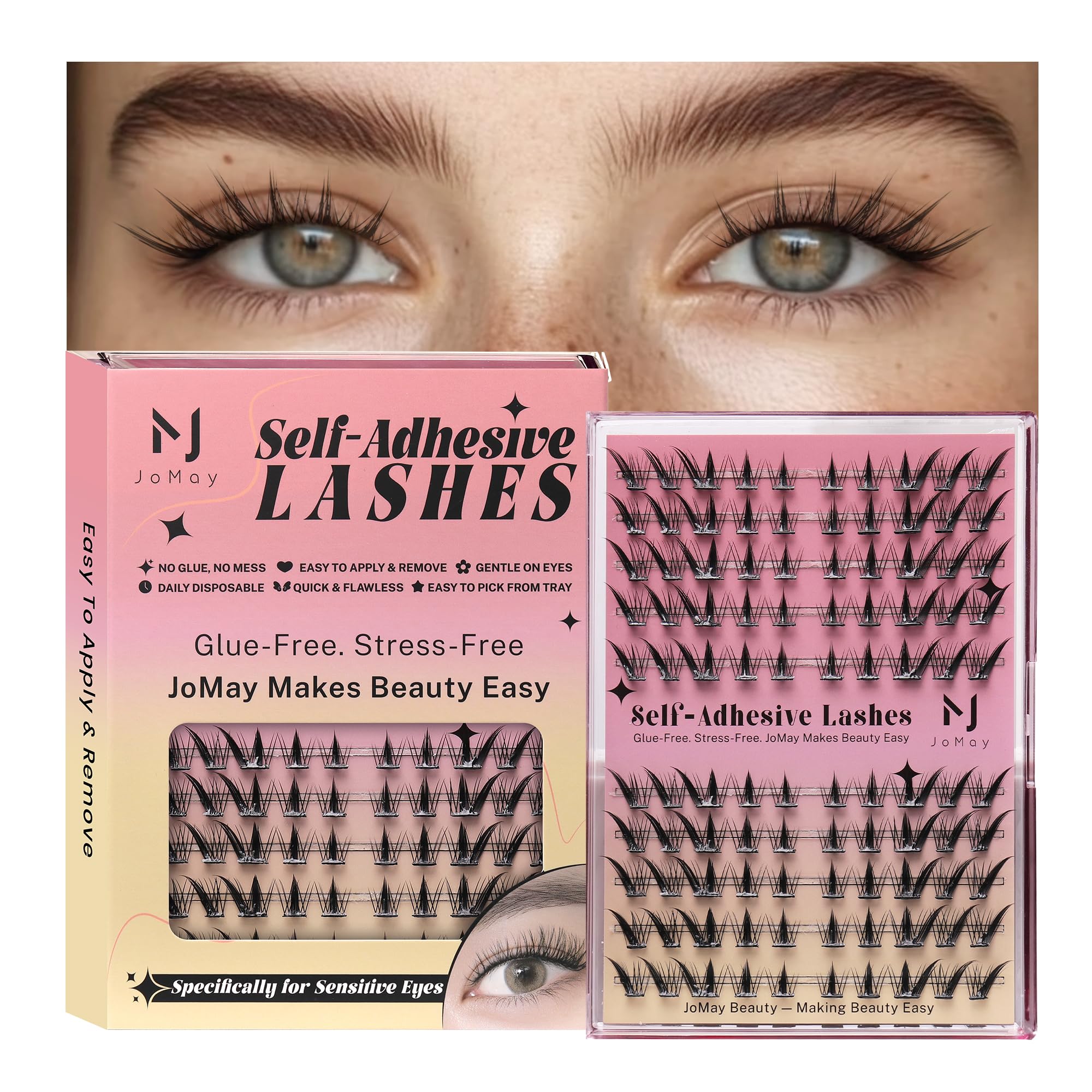JoMay Flutter Lite lash clusters close-up, natural daytime look.