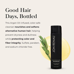 Jon Renau Argan Smooth Shampoo rich lather demonstrates gentle cleanse for color-treated wigs