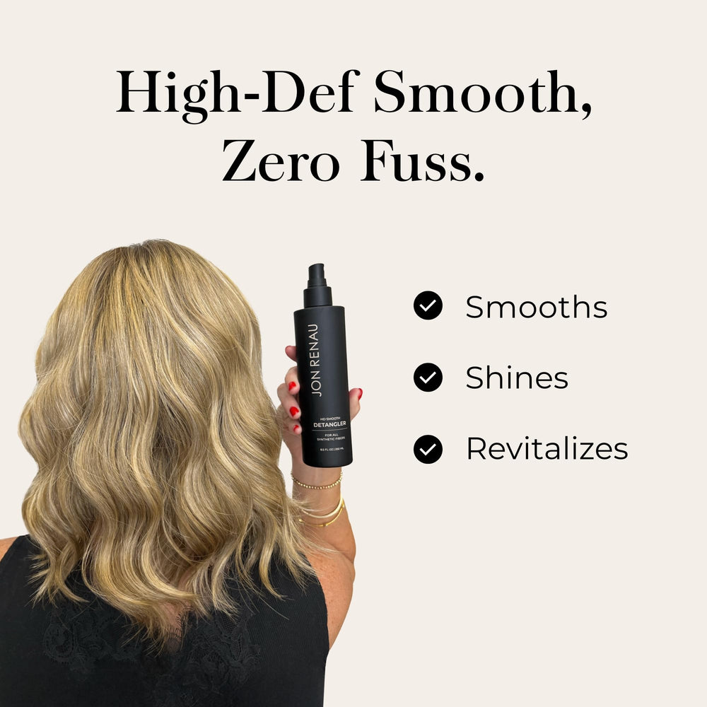 Jon Renau HD Smooth Detangler frizz control close-up showing calmer fiber surface