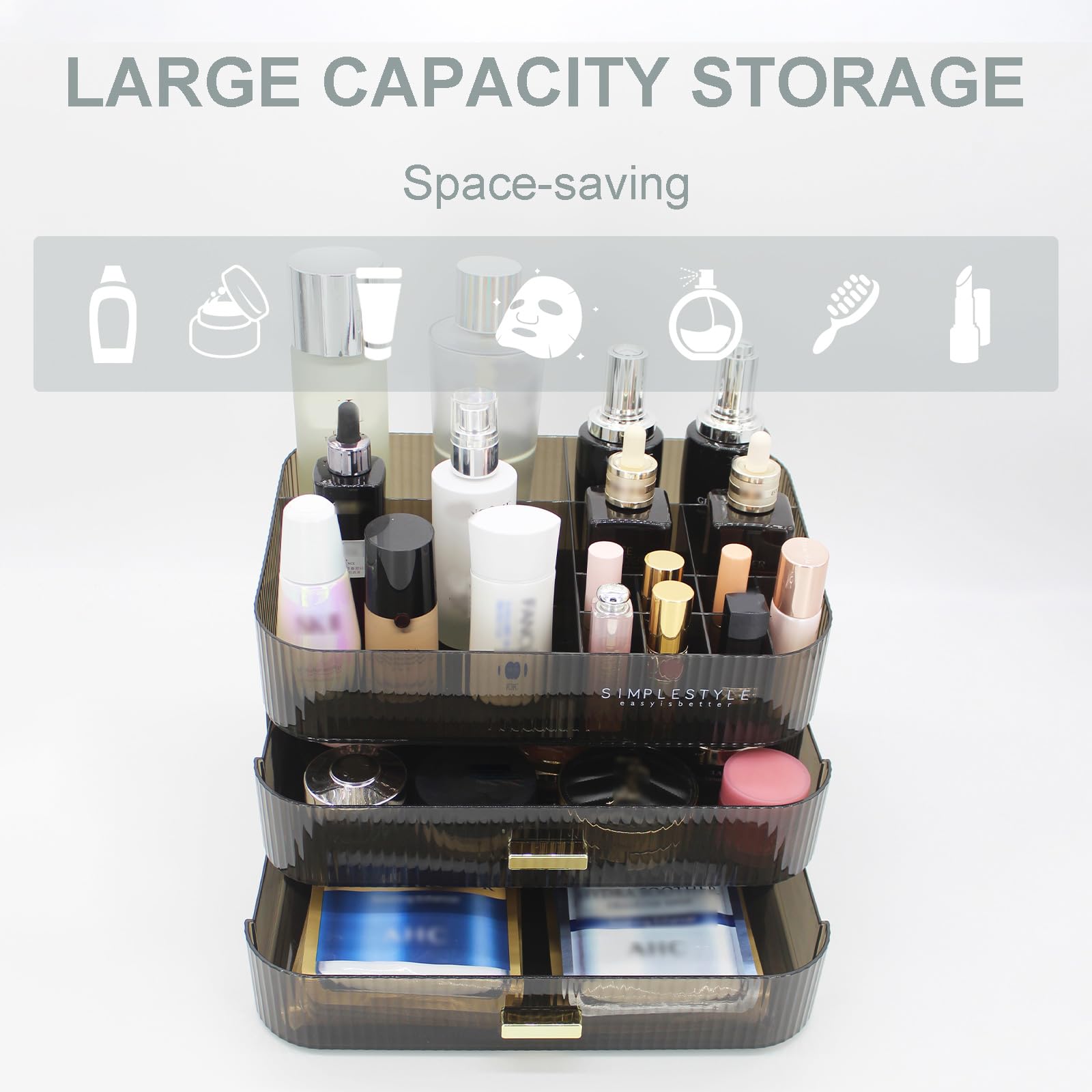 JONKASIPA makeup organizer shows cosmetics neatly arranged inside the drawers